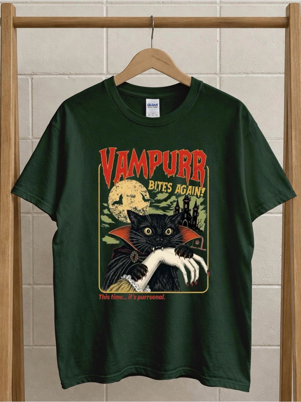 Gildan Forest Green Vampurr Cat Graphic Tee